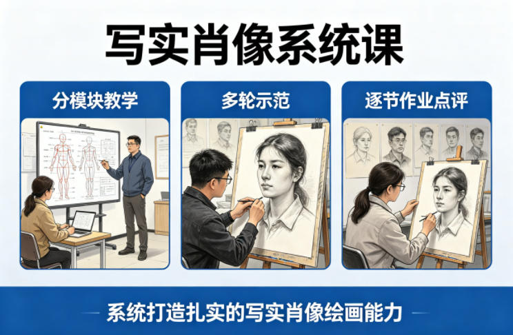 写实肖像系统课，全程分模块教学+多轮示范+逐节作业点评，系统打造扎实的写实肖像绘画能力-云讯网创