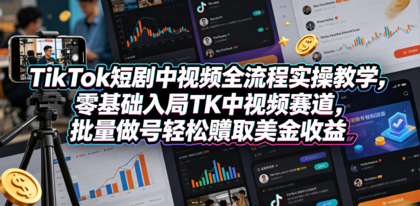 TikTok短剧中视频全流程实操教学，零基础入局TK中视频赛道，批量做号轻松賺取美金收益-云讯网创