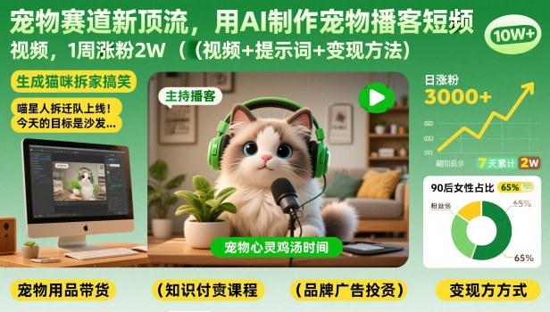 宠物赛道新顶流，用AI制作宠物播客短视频，1周涨粉2W(视频+提示词+变现方法)-云讯网创