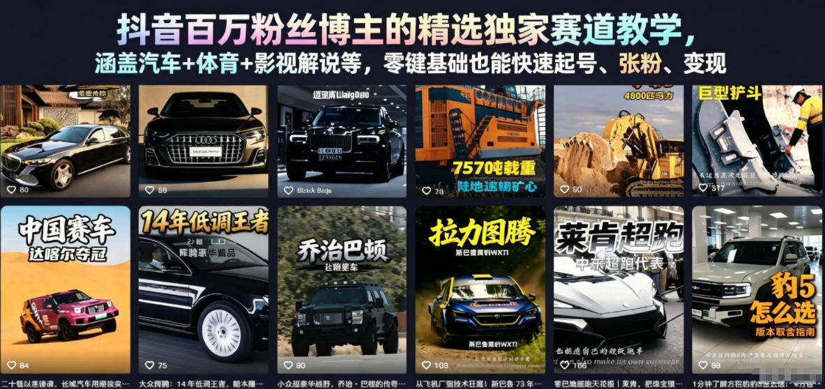 抖音百万粉丝博主的精选独家赛道教学,涵盖汽车+体育+影视解说等,零基础也能快速起号、涨粉、变现(更新0701)-云讯网创