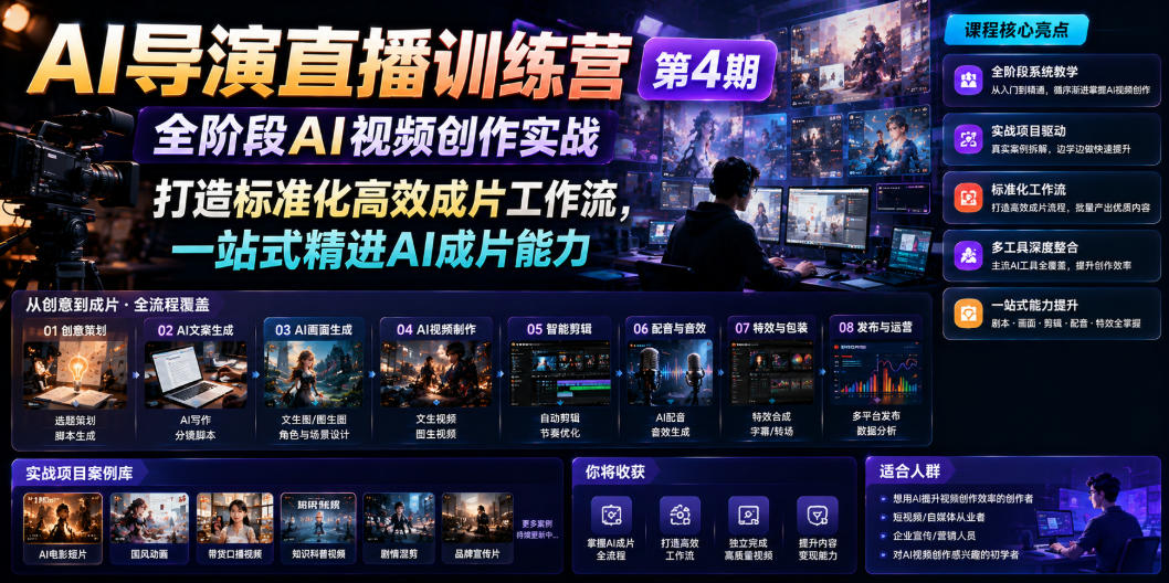 AI导演直播训练营第4期|全阶段AI视频创作实战,打造标准化高效成片工作流,一站式精进AI成片能力-云讯网创