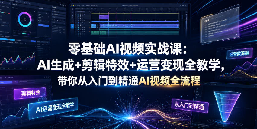 零基础AI视频实战课：AI生成+剪辑特效+运营变现全教学，带你从入门到精通AI视频全流程-云讯网创