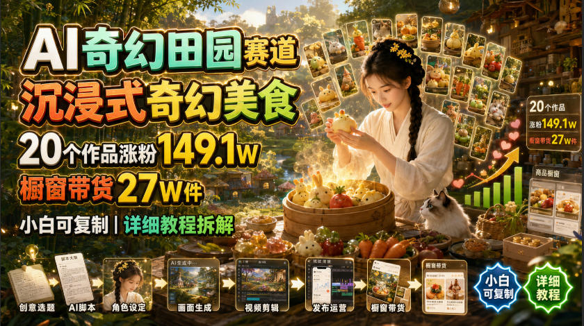 AI奇幻田园赛道,沉浸式奇幻美食,20个作品涨粉149.1W,橱窗带货27W件,小白可复制,详细教程拆解-云讯网创