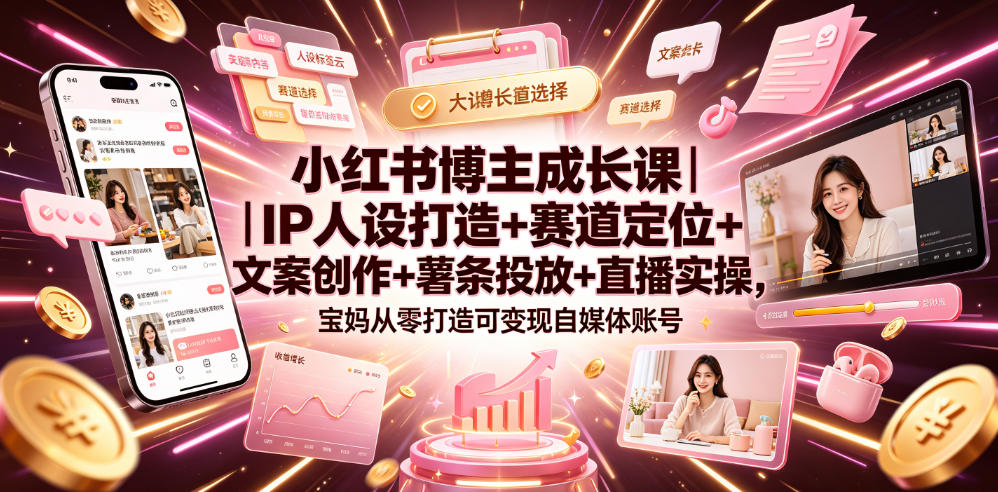 小红书博主成长课｜IP人设打造+赛道定位+文案创作+薯条投放+直播实操，宝妈从零打造可变现自媒体账号-云讯网创