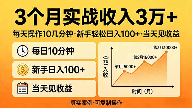 3个月实战收入3万+，每天操作10几分钟，新手轻松日入100+，当天见收益-云讯网创