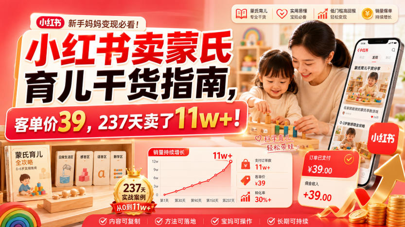 小红书卖蒙氏育儿干货指南,客单价39,237天卖了11w+!-云讯网创