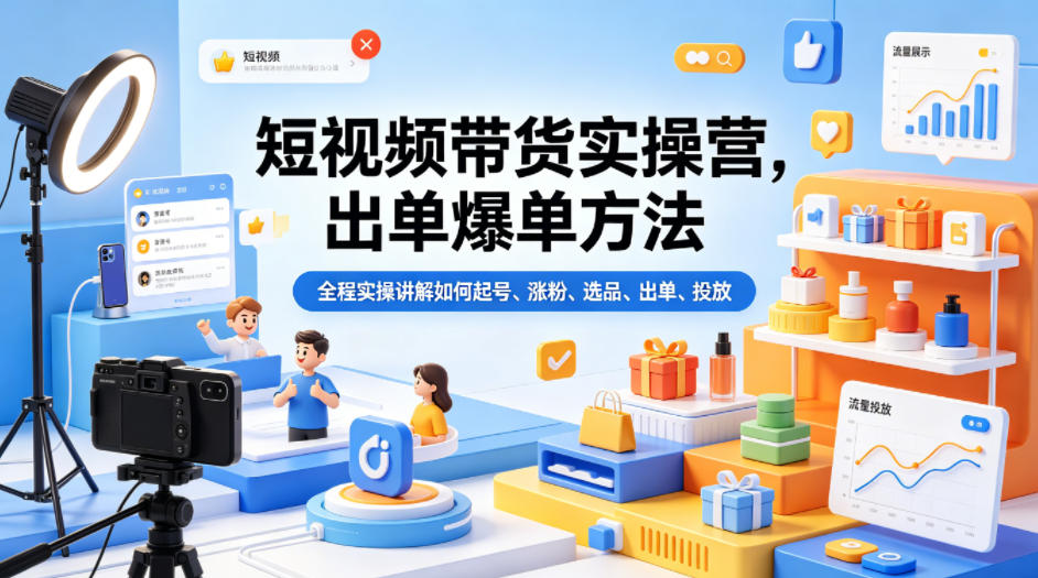 短视频带货实操营，出单爆单方法，全程实操讲解如何起号、涨粉、选品、出单、投放-云讯网创