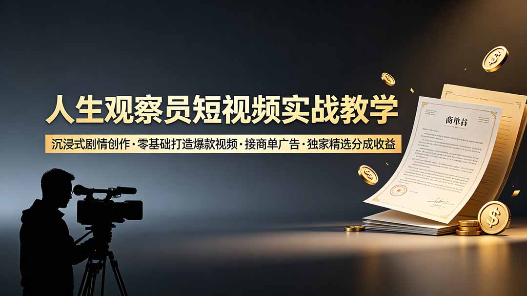 人生观察员短视频实战教学，沉浸式剧情创作，零基础打造爆款视频，接商单广告，独家精选分成收益-云讯网创