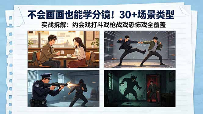 不会画画也能学分镜！30+场景类型实战拆解：约会戏打斗戏枪战戏恐怖戏全覆盖-云讯网创