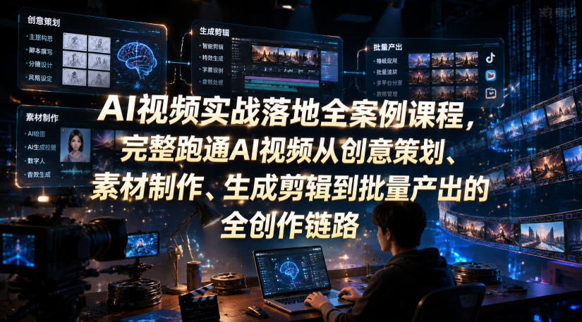 AI视频实战落地全案例课程，完整跑通AI视频从创意策划、素材制作、生成剪辑到批量产出的全创作链路-云讯网创