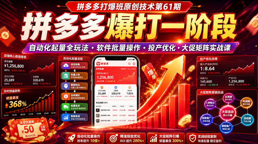 拼多多打爆班原创技术第61期,拼多多爆打一阶段,自动化起量全玩法・软件批量操作・投产优化・大促矩阵实战课-云讯网创