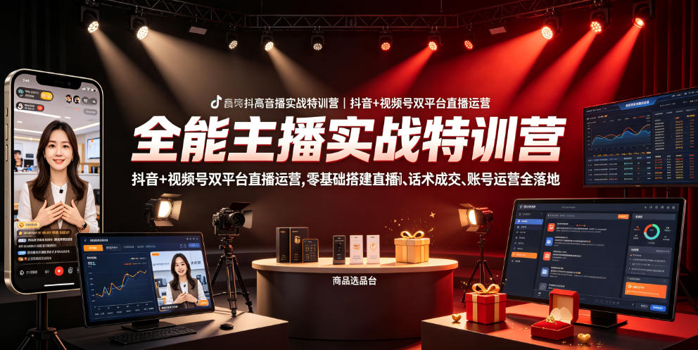 全能主播实战特训营|抖音+视频号双平台直播运营,零基础搭建直播间、精准选品、话术成交、账号运营全落地-云讯网创