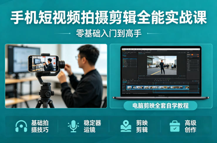 手机短视频拍摄剪辑全能实战课：零基础入门到高手，稳定器运镜+电脑剪映全套自学教程-云讯网创