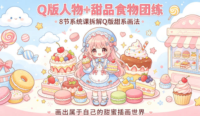 Q版人物+甜品食物团练，8节系统课拆解Q版甜系画法，画出属于自己的甜蜜插画世界-云讯网创
