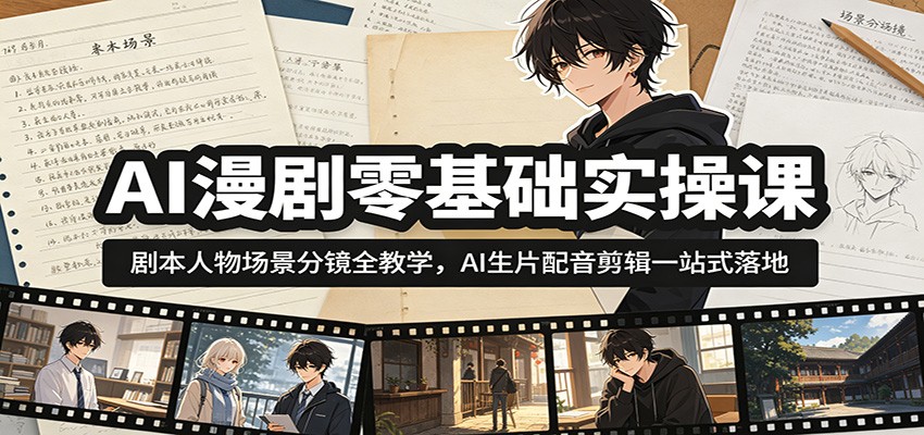 AI漫剧零基础实操课：剧本人物场景分镜全教学，AI生片配音剪辑一站式落地-云讯网创