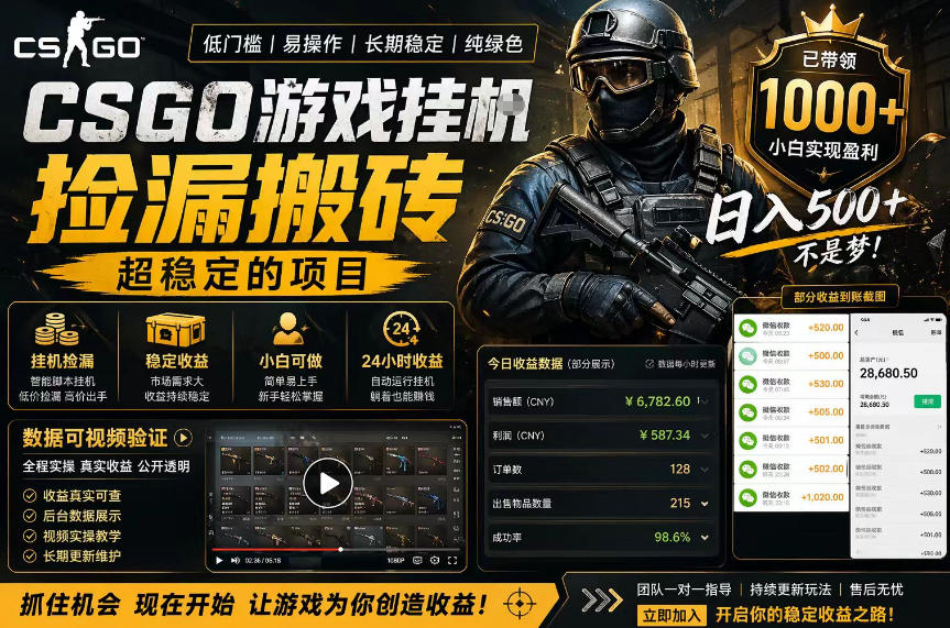 CSGO游戏搬砖，全自动挂G，不需要玩游戏，手机操作日入300+，解放双手【揭秘】-云讯网创