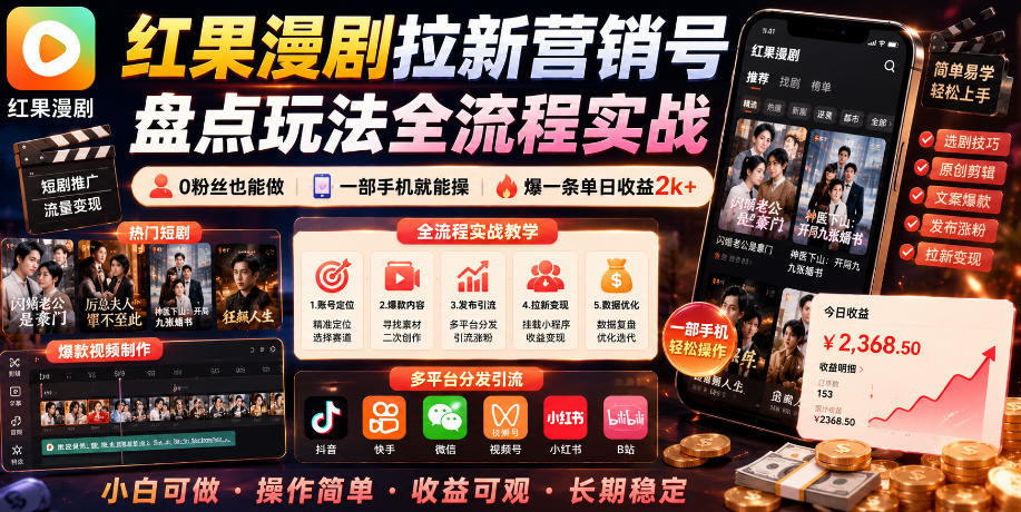 红果漫剧拉新营销号盘点玩法全流程实战，0粉丝也能做，一部手机就能做，爆一条单日收益2k+(更新0628)-云讯网创