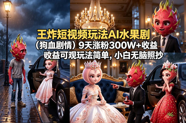 王炸短视频玩法AI水果剧(狗血剧情)9天涨粉300W+收益可观玩法简单，小白无脑照抄，详细拆解玩法-云讯网创