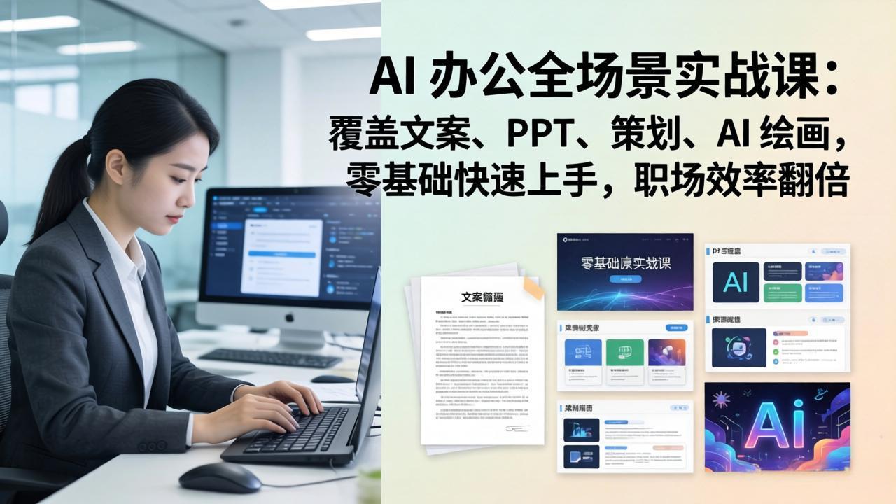 AI 办公全场景实战课:覆盖文案、PPT、策划、AI 绘画,零基础快速上手,职场效率翻倍-云讯网创