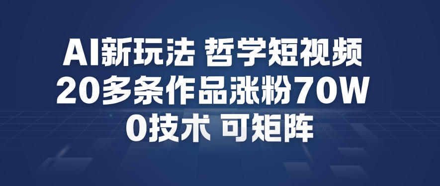 AI新玩法哲学短视频制作教学,20多条作品涨粉70W,0成本赛道,可矩阵-云讯网创