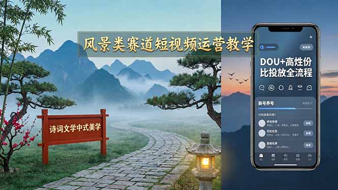 风景类赛道短视频运营教学：诗词文学中式美学，新号养号对标账号定位，DOU+高性价比投放全流程-云讯网创