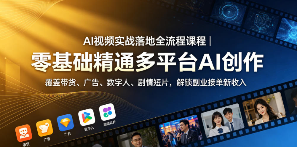 AI视频实战落地全流程课程｜零基础精通多平台AI创作，覆盖带货、广告、数字人、剧情短片，解锁副业接单新收入-云讯网创