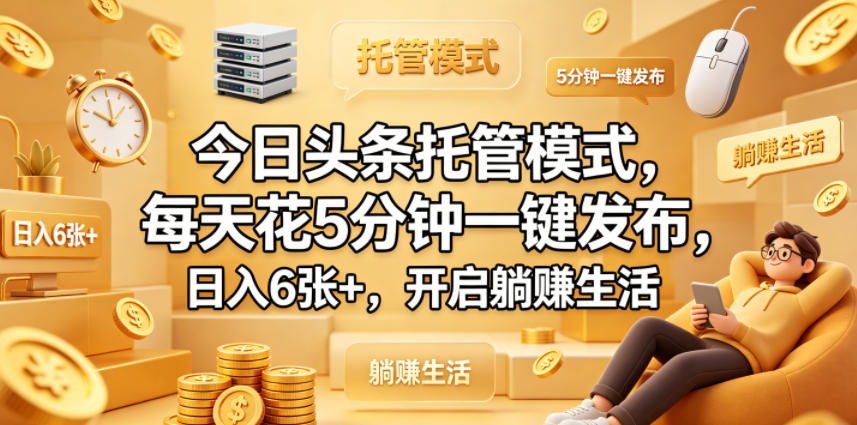 今日头条托管模式，每天花5分钟一键发布，日入6张+，开启躺賺生活【揭秘】-云讯网创