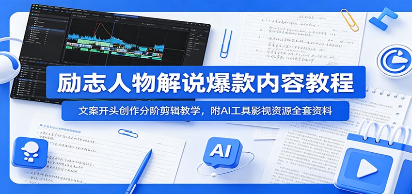 励志人物解说爆款内容教程：文案开头创作分阶剪辑教学，附AI 工具影视资源全套资料-云讯网创