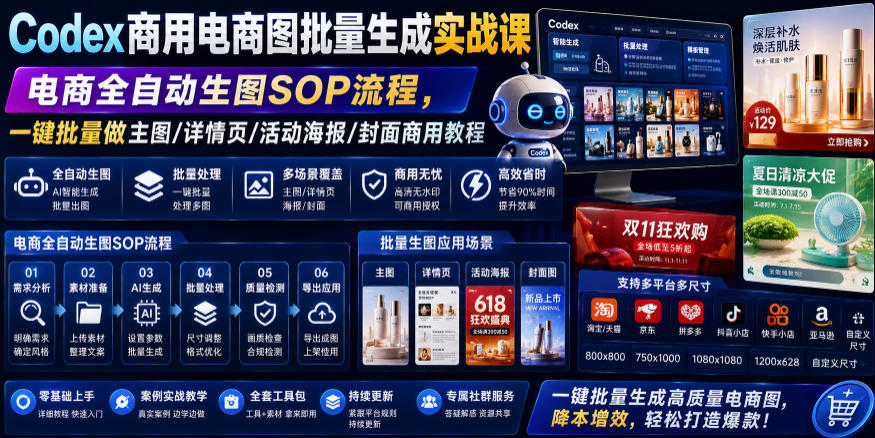 Codex商用电商图批量生成实战课|电商全自动生图SOP流程,一键批量做主图/详情页/活动海报/封面商用教程-云讯网创