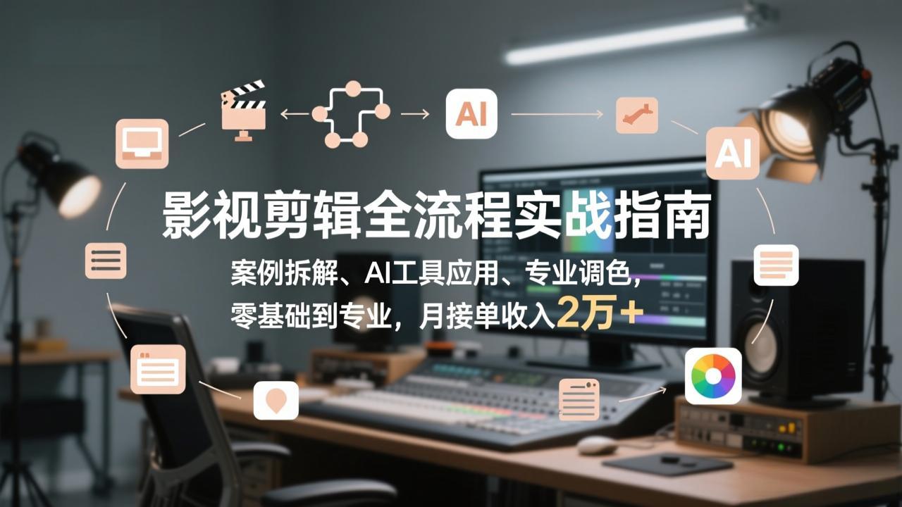 影视剪辑全流程实战指南，案例拆解、AI工具应用、专业调色，零基础到专业，月接单收入2万+-云讯网创