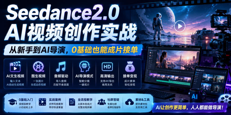 Seedance2.0 AI视频创作实战,从新手到AI导演,0基础也能成片接单变现-云讯网创
