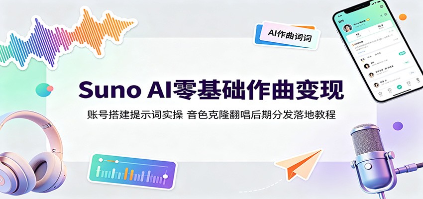 Suno AI零基础作曲变现：账号搭建提示词实操，音色克隆翻唱后期分发落地教程-云讯网创