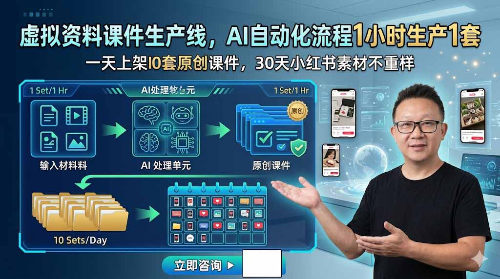 虚拟资料课件生产线，AI自动化流程1小时生产1套，一天上架10套原创课件，30天小红书素材不重样-云讯网创