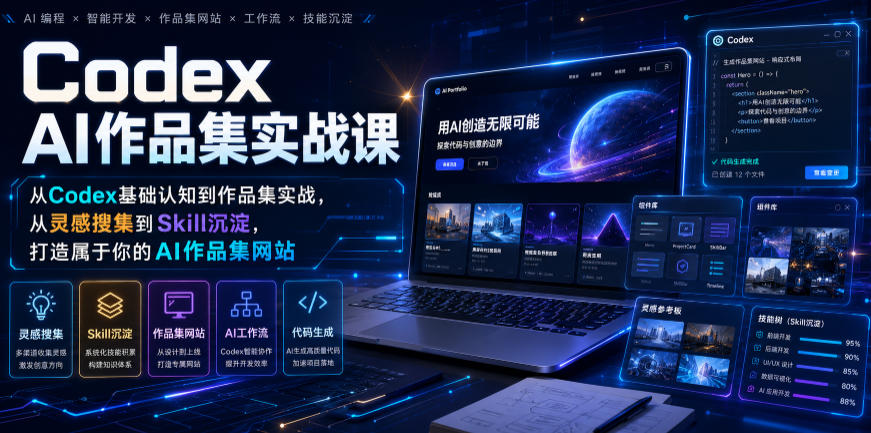 Codex AI作品集实战课，从Codex基础认知到作品集实战，从灵感搜集到Skill沉淀，打造属于你的AI作品集网站-云讯网创