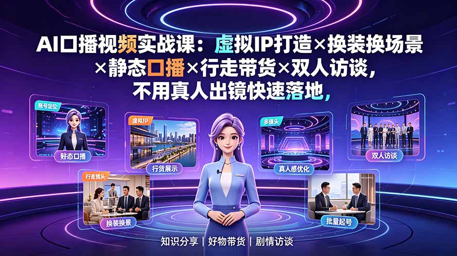 AI口播视频实战课：虚拟IP打造×换装换场景×静态口播×行走带货×双人访谈，不用真人出镜快速落地-云讯网创