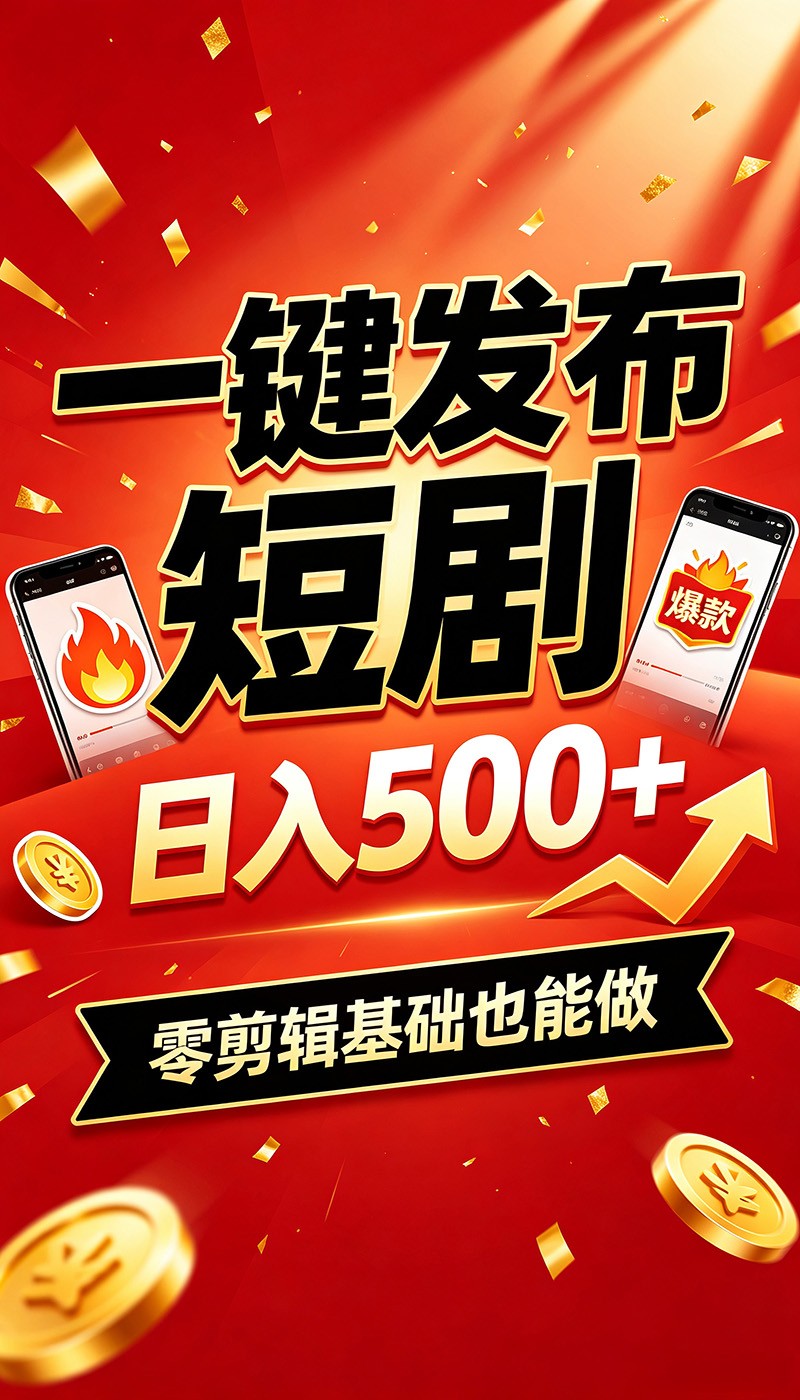快手短剧一键发布，不用剪辑操作简单，副业日入500+。空闲时间轻松赚收益-云讯网创