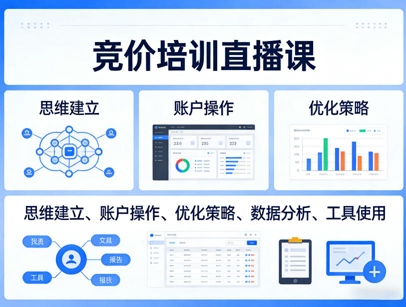 竞价培训直播课，覆盖思维建立、账户操作、优化策略、数据分析、工具使用等，全方位提升效果-云讯网创