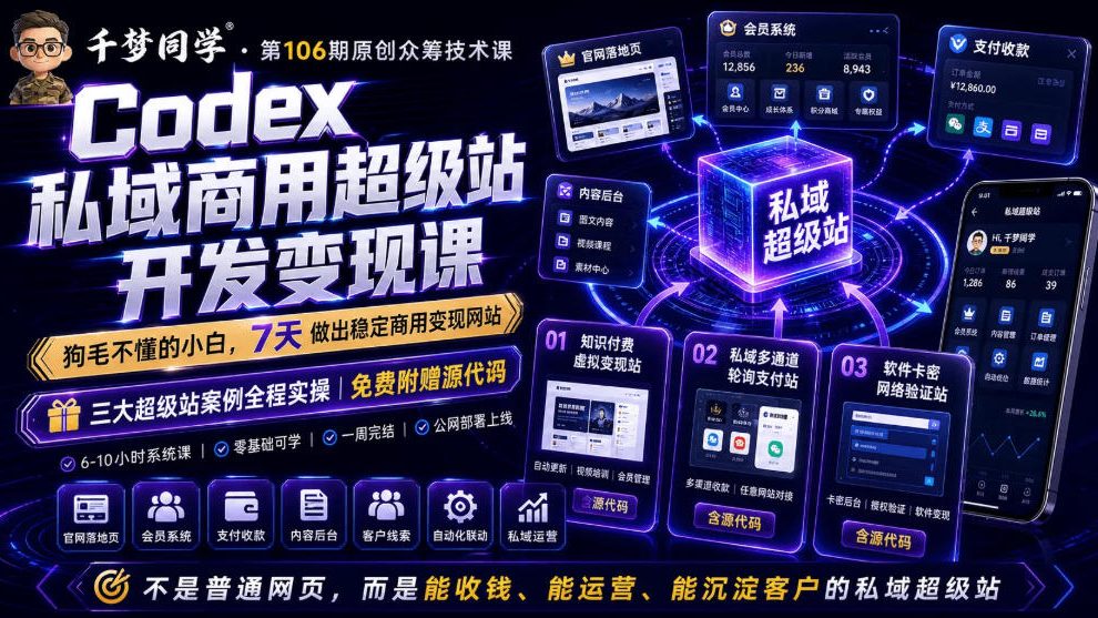 Codex私域商用超级站Ai开发变现课，7天带你从零基础到能自己动手做出能收钱、能运营、能沉淀客户的私域超级站-云讯网创