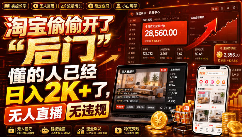 淘宝偷偷开了“后门”，懂的人已经日入2K+了，无人直播无违规，一台电脑=一家24小时营业的线上门店【揭秘】-云讯网创