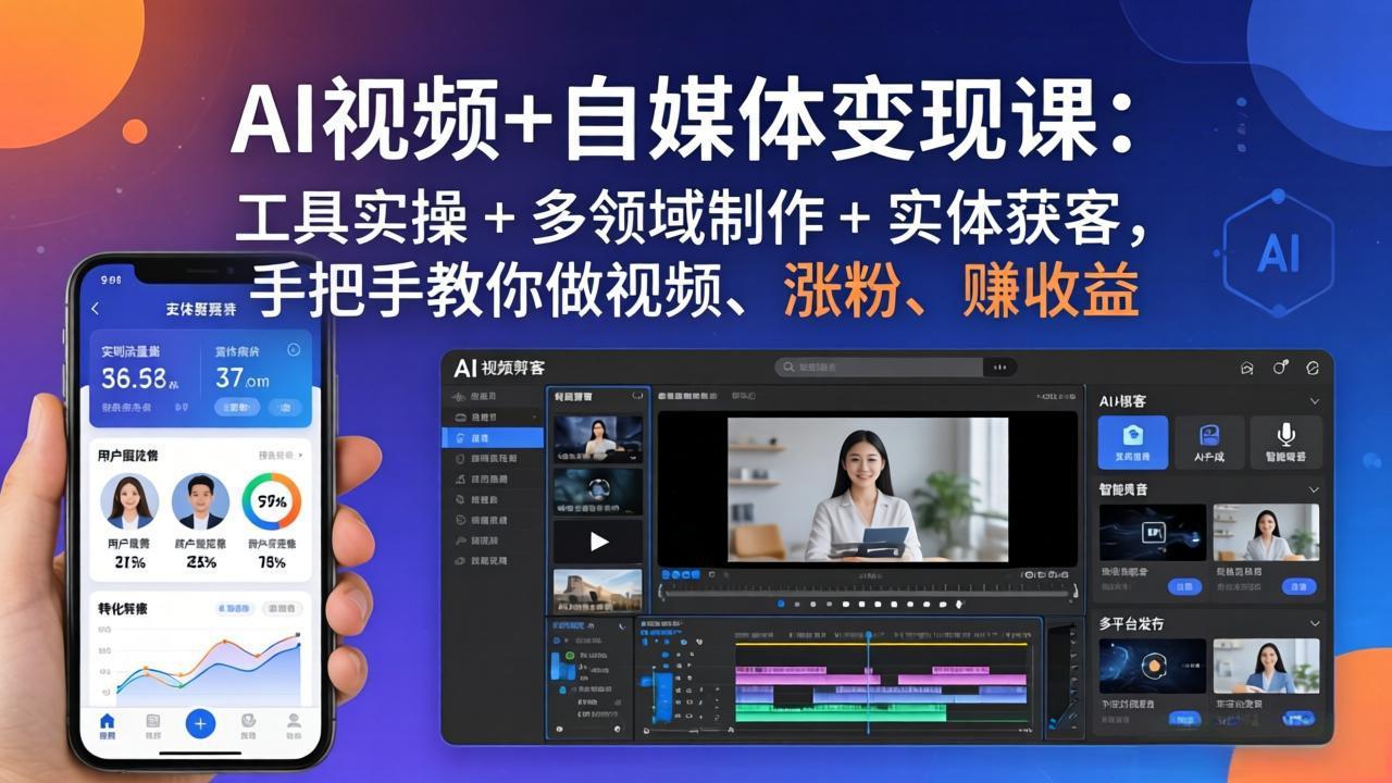 AI视频+自媒体变现课:工具实操 + 多领域制作 + 实体获客,手把手教你做视频、涨粉、赚收益-云讯网创