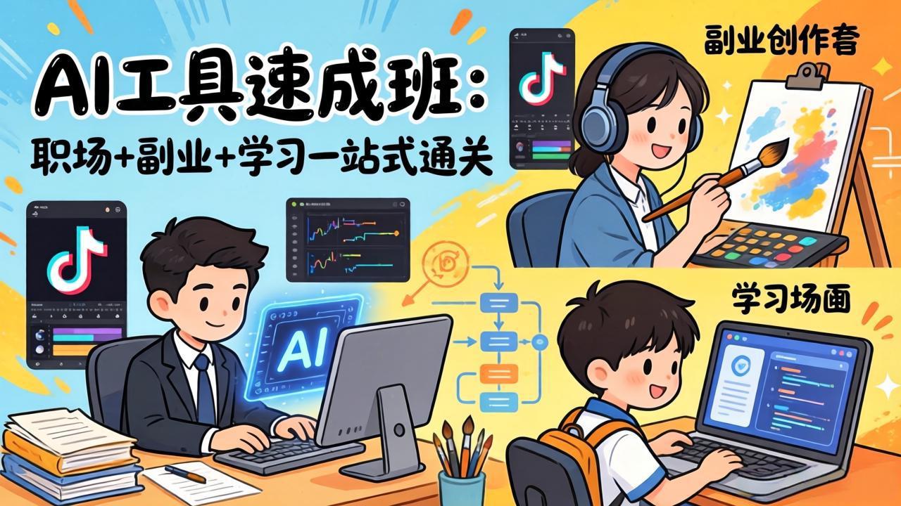 AI工具速成班：职场+副业+学习一站式通关，20+爆款类型+剪映技巧+抖音算法，0基础快速上手-云讯网创
