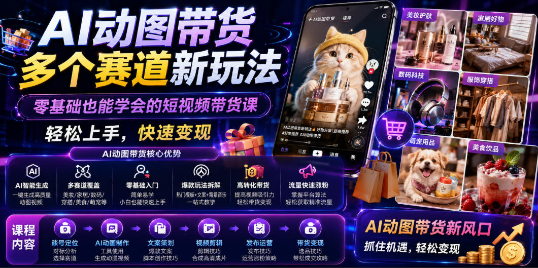 AI动图带货多个赛道新玩法，零基础也能学会的短视频带货课，轻松上手，快速变现-云讯网创
