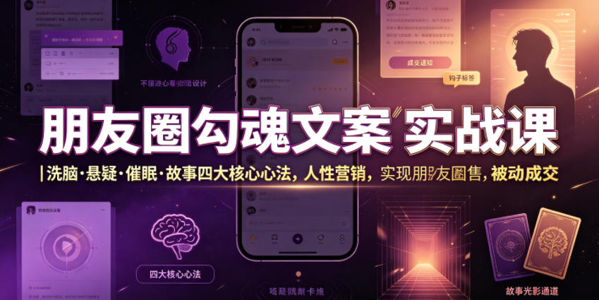 朋友圈勾魂文案实战课｜洗脑·悬疑·催眠·故事四大核心心法，吃透人性营销，实现朋友圈不销而售被动成交-云讯网创
