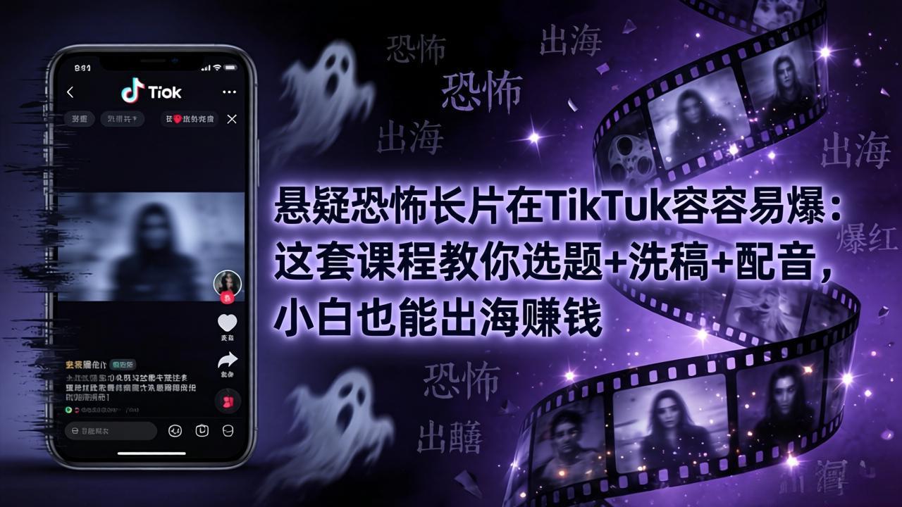 悬疑恐怖长片在TikTok最容易爆：这套课程教你选题+洗稿+配音，小白也能出海赚钱-云讯网创