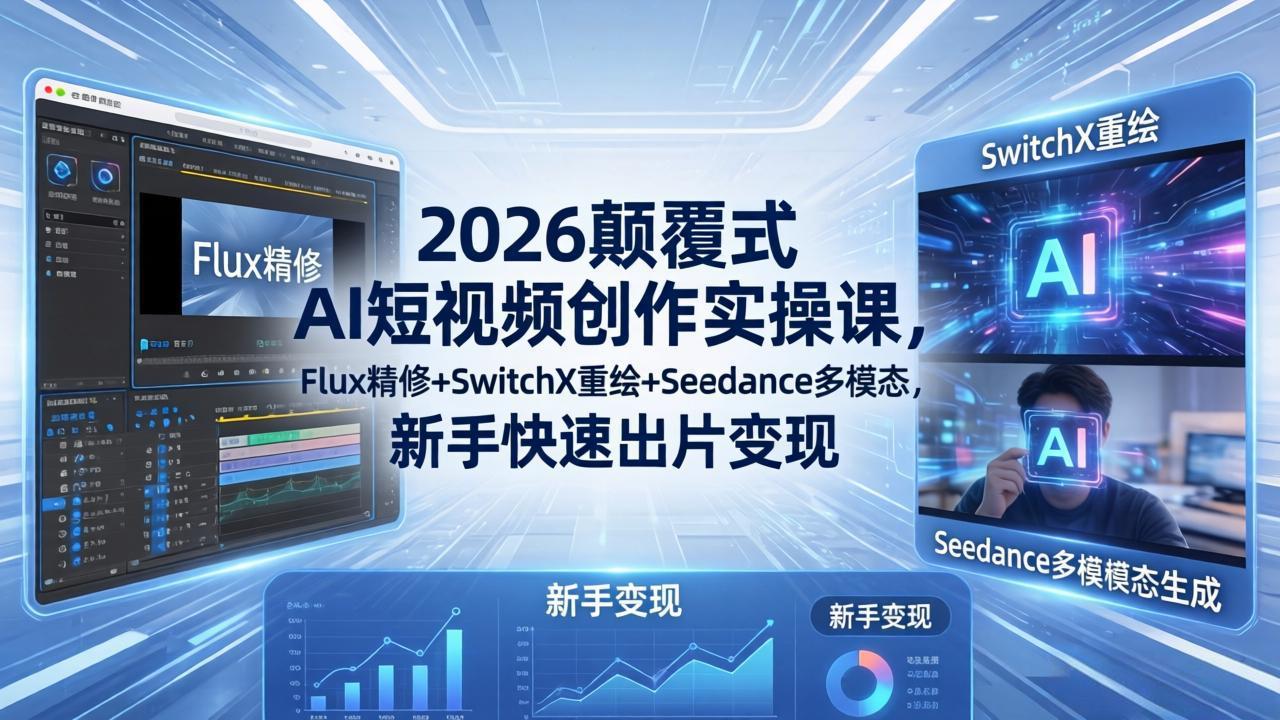 2026颠覆式 AI短视频创作课-5月更新，Flux精修+SwitchX重绘+Seedance多模态，新手快速出片变现-云讯网创