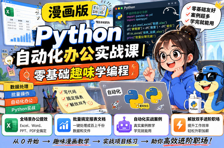 漫画版Python自动化办公实战课|零基础趣味学编程,全场景办公提效、批量搞定报表文档、解放双手进阶职场-云讯网创