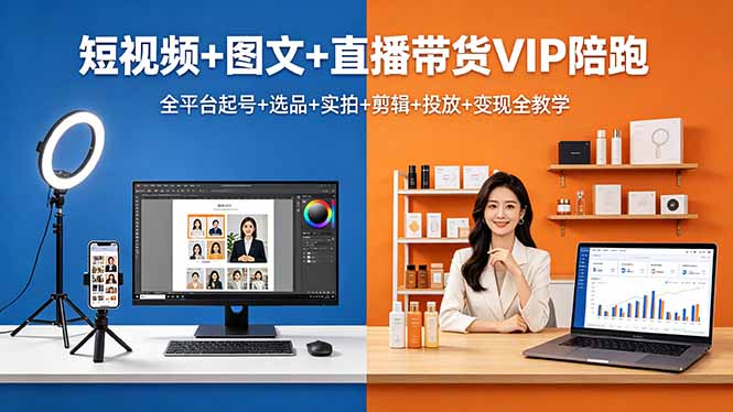 短视频+图文+直播带货VIP陪跑，全平台起号+选品+实拍+剪辑+投放+变现全教学-云讯网创