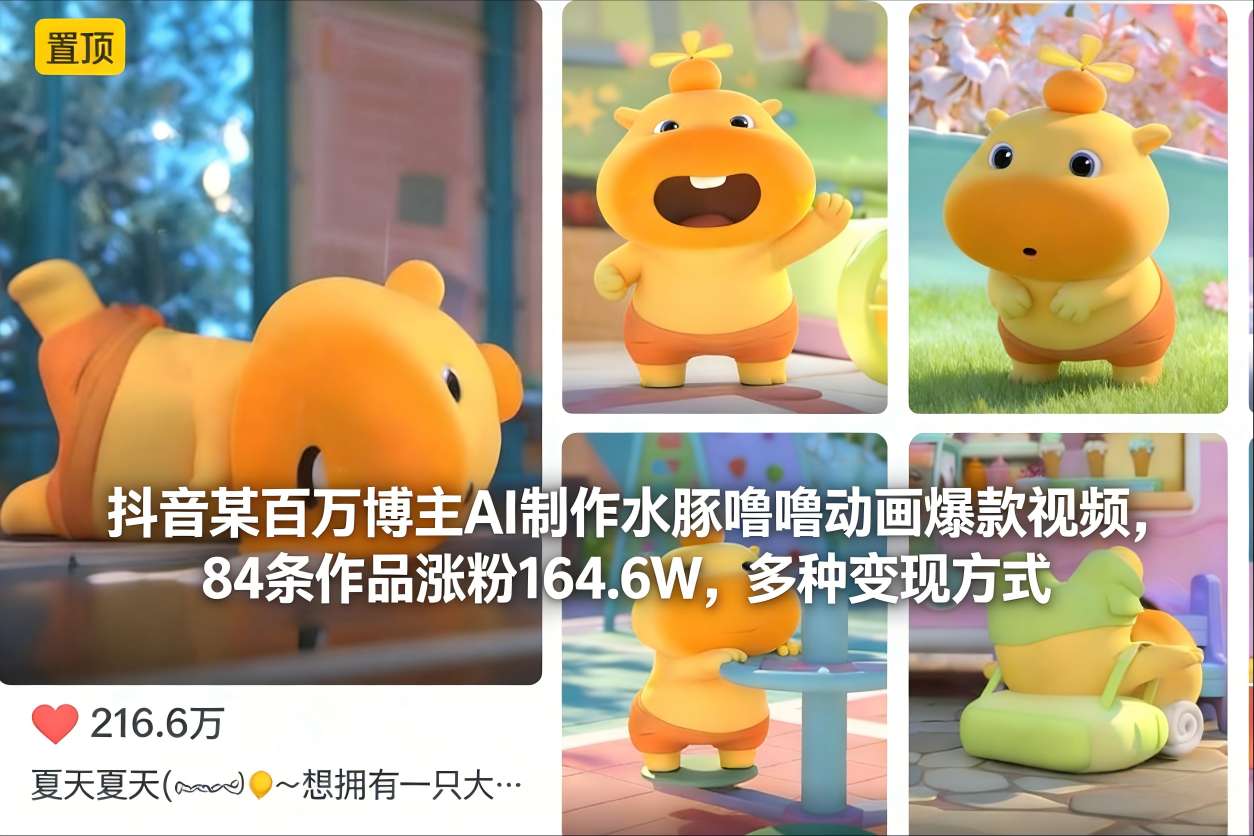 抖音某百万博主AI制作水豚噜噜动画爆款视频，84条作品涨粉164.6W，多种变现方式-云讯网创